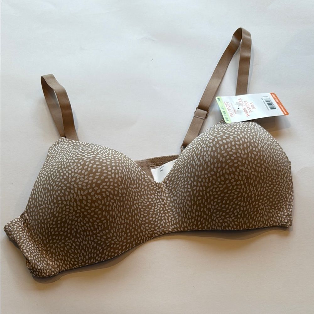 NWT WARNER'S WIRE FREE T-SHIRT BRA BEIGE TAN WHITE DOT WOMEN'S BRA 38B